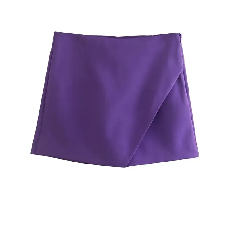 Women Fashion Asymmetrical Shorts Skirts High Waist Back Pockets Side Zipper Vintage Female  Solid