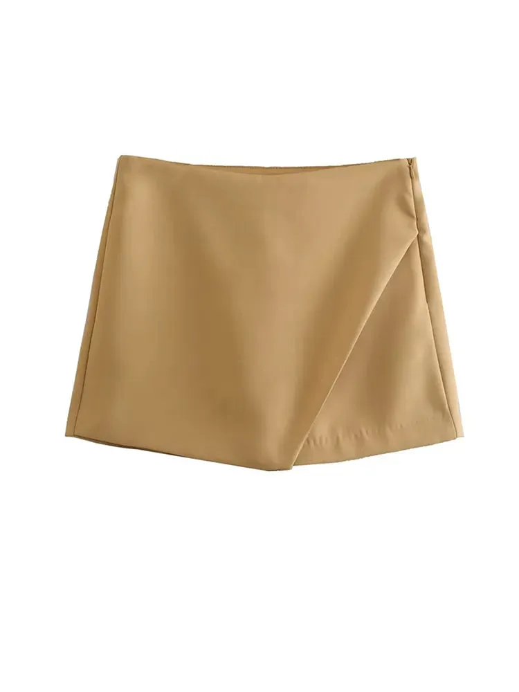 Women Fashion Asymmetrical Shorts Skirts High Waist Back Pockets Side Zipper Vintage Female  Solid