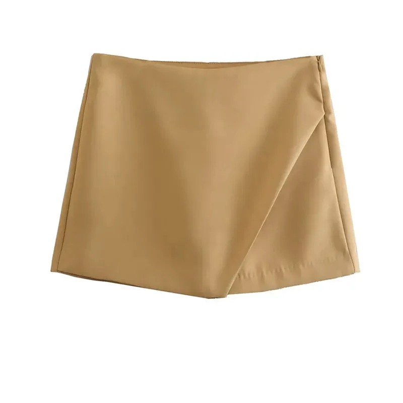 Women Fashion Asymmetrical Shorts Skirts High Waist Back Pockets Side Zipper Vintage Female  Solid
