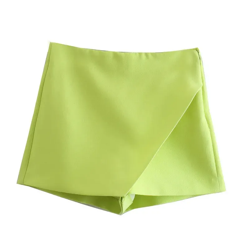 Women Fashion Asymmetrical Shorts Skirts High Waist Back Pockets Side Zipper Vintage Female  Solid