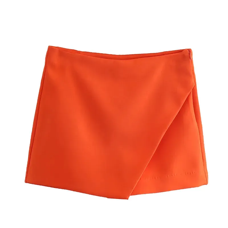 Women Fashion Asymmetrical Shorts Skirts High Waist Back Pockets Side Zipper Vintage Female  Solid