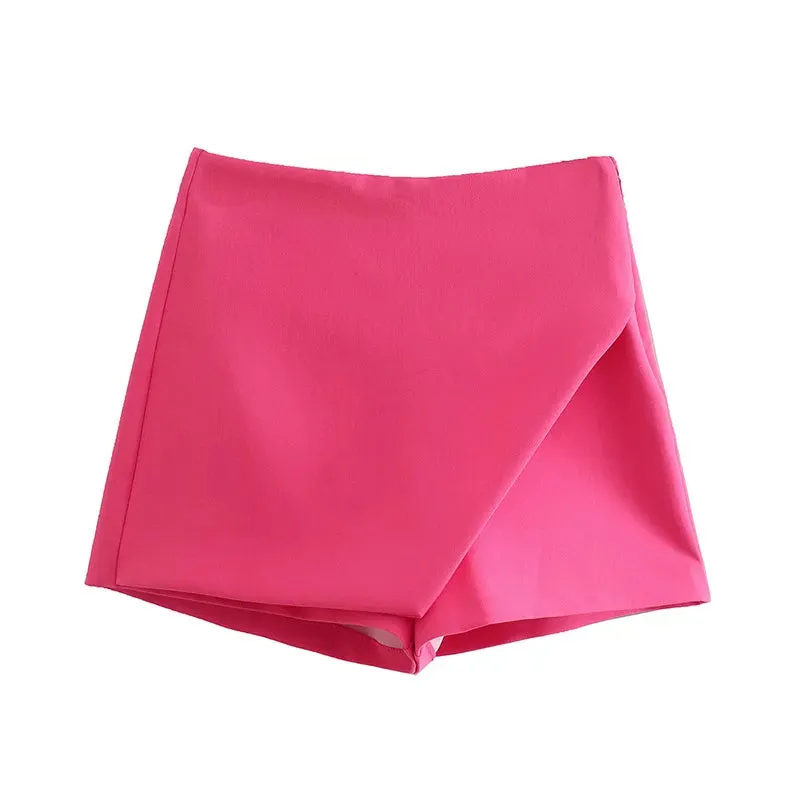Women Fashion Asymmetrical Shorts Skirts High Waist Back Pockets Side Zipper Vintage Female  Solid