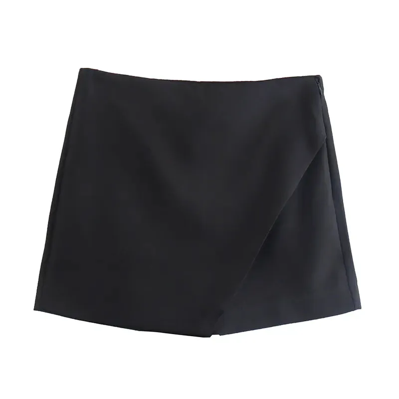 Women Fashion Asymmetrical Shorts Skirts High Waist Back Pockets Side Zipper Vintage Female  Solid