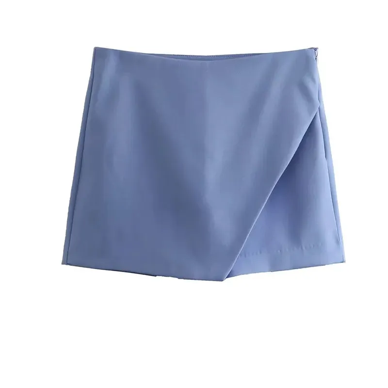 Women Fashion Asymmetrical Shorts Skirts High Waist Back Pockets Side Zipper Vintage Female  Solid