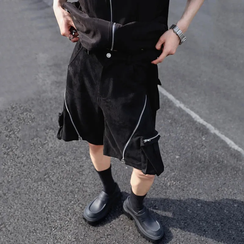 Zipper Men's Suede Shorts Summer Trendy Multi Pocket Sports Menwear Black Straight Wide Leg Casual Short Pants 9C5660
